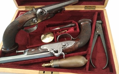 France - LAVAL - St. Etienne - TRAVELING - Percussion - PAIR TRAVELING PISTOLS IN CASE