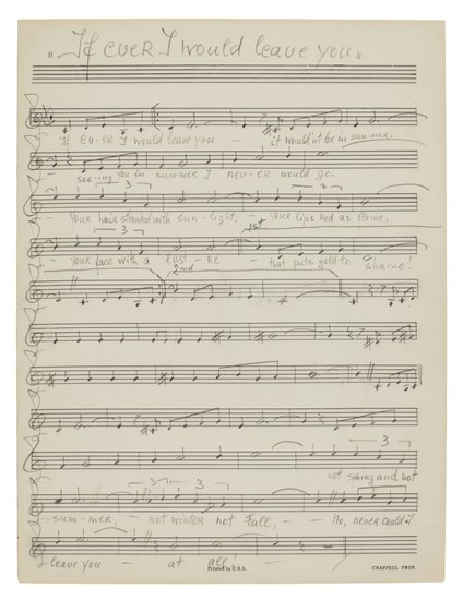 Frederick Loewe. Autograph manuscript of the song 'If ever I would leave you' from "Camelot", 1960s