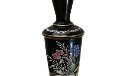 French Black Opaline Glass Hand Painted Footed Vase, circa 1930