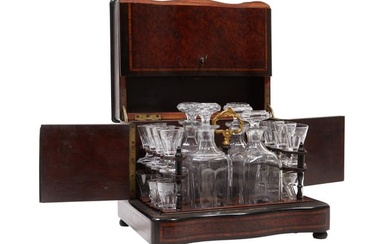 French Brass Boulle Inlaid Burled Walnut Cave a Liqueur, 19th c., H.- 10 1/2 in., W.- 13 1/4 in.