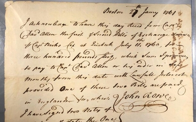 French and Indian War document. 1761. Bill of exchange for Captain Nicolas Cox of the 47 Foot at Quebec - July 11th 1760 to Captain David Allen, reissued and signed in Boston, January 27th, 1761 by John Rowe