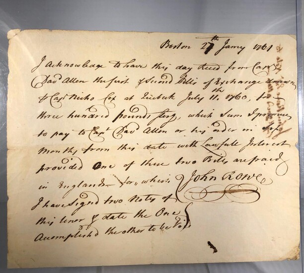 French and Indian War document. 1761. Bill of exchange for Captain Nicolas Cox of the 47 Foot at Quebec - July 11th 1760 to Captain David Allen, reissued and signed in Boston, January 27th, 1761 by John Rowe