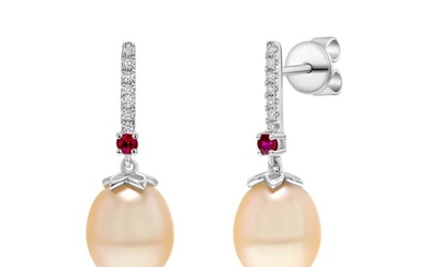 Freshwater Pearl Ruby And Diamond Drop Earrings In 14k White Gold 0.07ctw