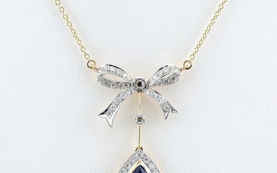 [GIA Certified] - (No Heat Blue Sapphire) 2.05 Cts -(Diamonds) 0.68 Cts (49) Pcs - 14 kt. Bicolour - Necklace with pendant