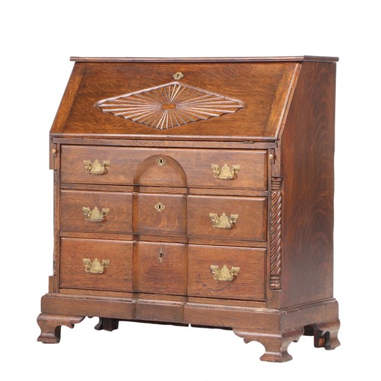 George II Style Carved Oak Slant-Lid Desk, Late 19th Century