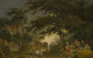 George Morland, British 1763-1804- Travellers and donkeys beneath a tree in a rural landscape; oil on canvas, signed 'G. Morland' (lower right), 72.8 x 92.8 cm. Provenance: Lord Listowel, Convamore, Ballyhooly, Co. Cork.; Sale, Parke-Bernet...