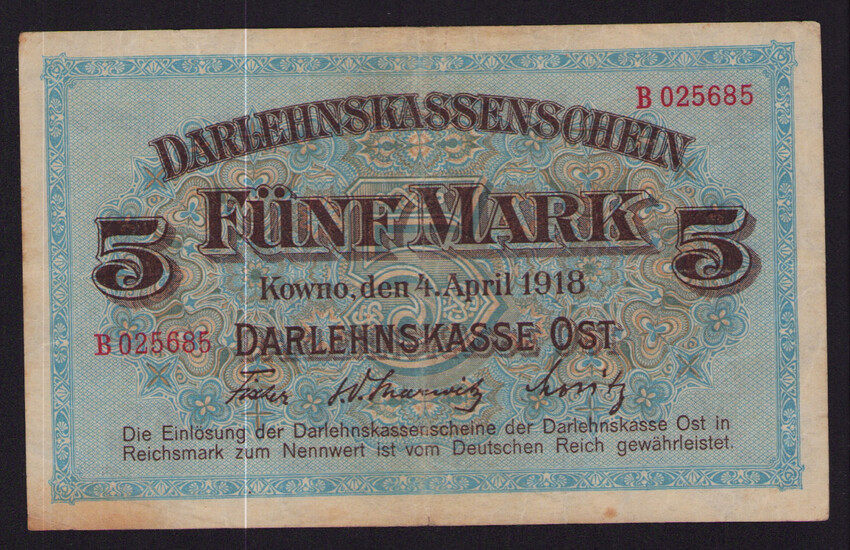 Germany, Lithuania Kowno (Kaunas)- Darlehnskasse Ost 5 mark 1918