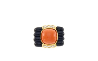 Gold, Coral, Black Onyx and Diamond Ring