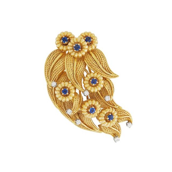 Gold, Sapphire and Diamond Flower and Leaf Clip-Brooch
