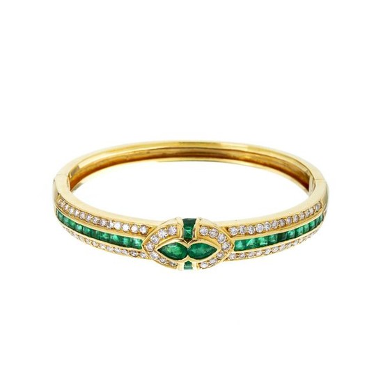 Gold slave bracelet with diamonds and emeralds