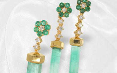 Golden earrings and matching pendant with emerald crystal and brilliant-cut diamonds, handmade, 18K gold