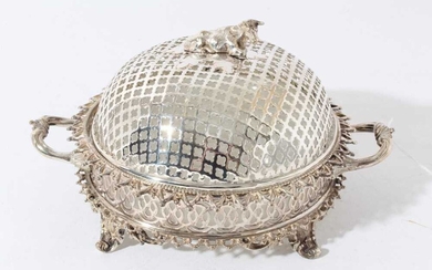 Good quality late Victorian silver plated butter dish with pierced cover surmounted with a cow
