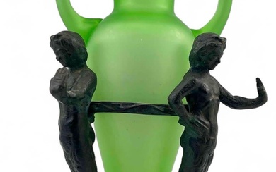 Grand Tour Bronze & Uranium Glass Amphora In Satyr Stand