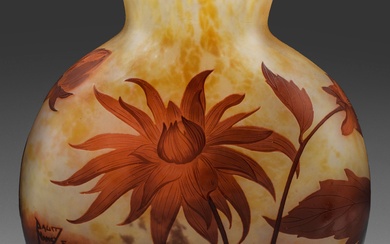 Grand vase d'ornement à décor de dahlias "Dahlias à Collerette" de Daum Frères Forme ronde...