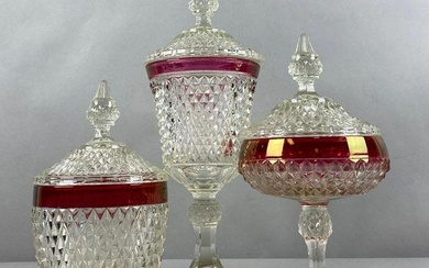 Group of 3 Ruby Flash Pressed Glass Candy Containers