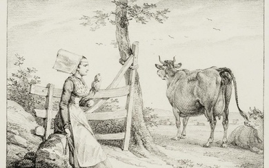 H. VERNET (1789-1863), Maid at the cow pasture, 1818, Lithography