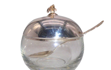 HONEY JAR WITH A SILVER LID DECORATED WITH A BEE AND MATCHING SPOON MADE OF 800 SILVER.