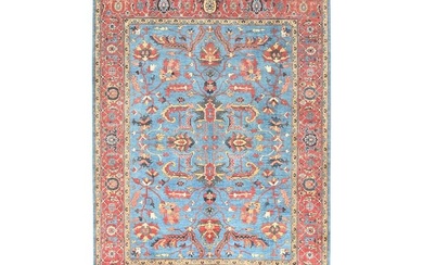 Hand Knotted Vegetable Dyes Baby Blue and Coral Afghan Peshawar Heriz Design Oriental Carpet
