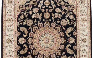 Handmade Dark Navy Floral Classic 4X6 Indo-Nain Oriental Rug Extra Fine Carpet