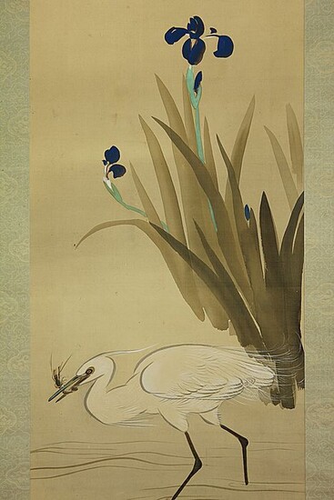 Hanging scroll painting - Bone, Silk - signature and seal Murakami Houko 村上鳳湖 - Kacho-ga (a snowy heron) - Japan - early Shōwa period