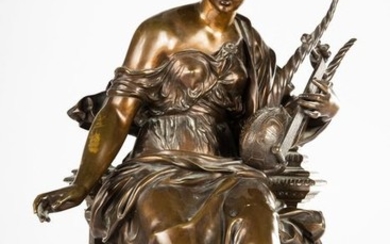 Henry Etienne Dumaige (1830 - 1888) - Sculpture, "Muse Terpsichore sitting with lyre" - Bronze - dated 1878