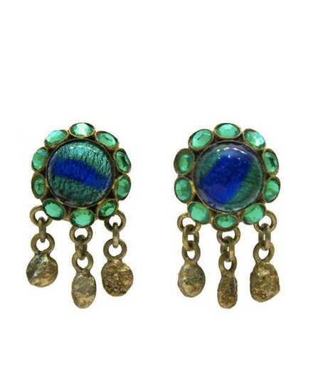 Henry Perichon Blue Tigers Eye GIlt Bronze Earrings