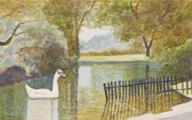 Henry Silk, British 1883–1947 - Pond, Victoria Park, c.1930; watercolour and pencil on paper, signed lower right 'H Silk', 11.4 x 25.5 cm Provenance: the Artist's family, by descent; Abbott and Holder, London; private collection Exhibited: Abbott...