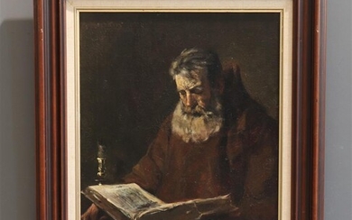 Herman Moerkerk (1879-1949), gesign. l.b., lezende monnik bij kaarslicht, olieverf...