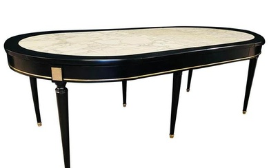 Hollywood Regency Jansen Style Ebony Center Dining Table Marble Top French
