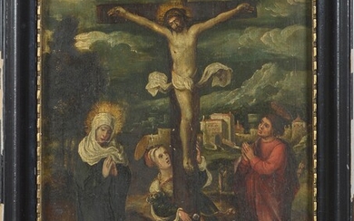 Huile sur panneau de chêne "La Crucifixion". Anonyme. Ecole flamande. Epoque: fin XVIème - début...