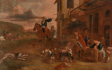 Hunters near the inn, 18thC, 58 x 82 cm