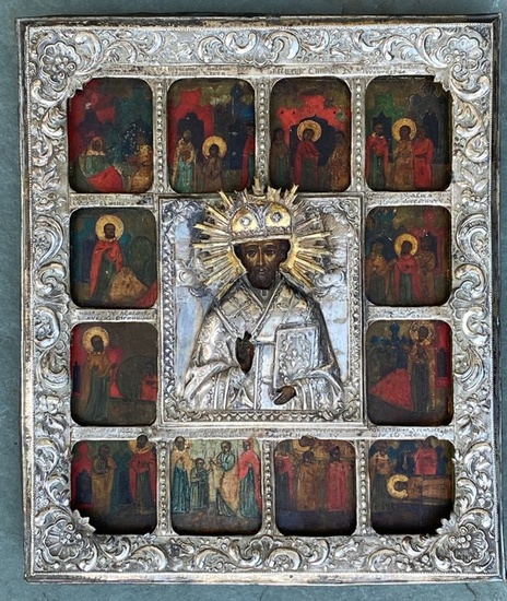 Icon, St. Nicholas with Vita and Silberoklad - Wood - 19th century