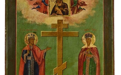 Icône, Russie vers 1880, "Constantin et Hélène", au-dessus Vierge à l'Enfant, fond de craie avec...