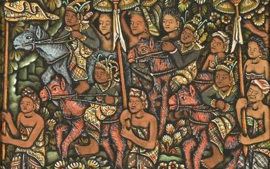 Ida Bagus Made Togog (1913-1989) 'Balinese procession', signed lower centre, tempera on canvas. H. 25 cm. W. 29.5 cm.