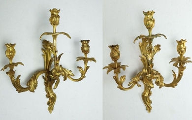 Important pair of gilt bronze sconces with three lights.