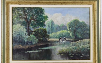 Impressionist landscape, Original Antique Oil on Canvas Washerwomen at the river, 1910 c.