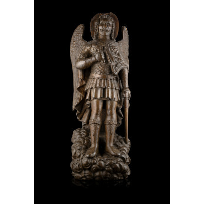 Ionian artist, a 15th/16th-century wooden high relief representing "St. Michael the archangel" (h. cm 73) (defects)