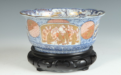 JAPANESE IMARI PORCELAIN BOWL WITH PANELS OF FIGURAL AND HORSE...