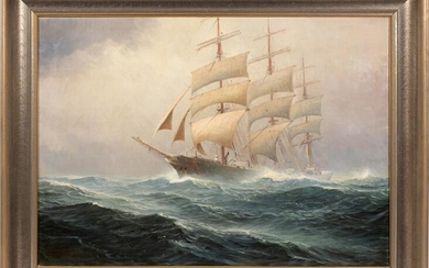 JOHANNES HOLST OIL ON CANVAS, SHIP IN ROUGH SEAS