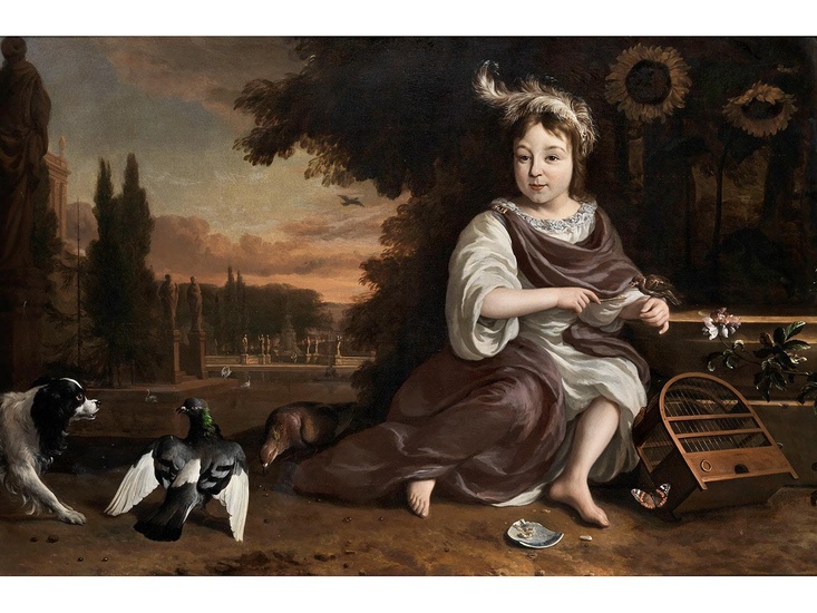 Jan Weenix, 1640/41 Amsterdam – 1719, PORTRAITBILDNIS DES PRINZEN VON ORANIEN MIT VOGELKäFIG IN PARKLANDSCHAFT