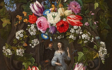 Jan van Kessel the Elder Hieronymus Janssens - Floral Garland with an Elegant Couple