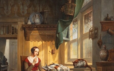 Jean Platteel (act. 1830-1870), a maid keeping books of the household stock, 1840, oil on panel, 55 x 67 cm