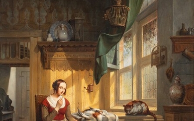 Jean Platteel (act. 1830-1870), a maid keeping books of the household stock, 1840, oil on...