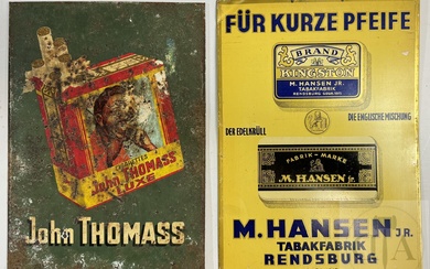 John Thomas/Tabac Hansen:/Paire de tôles sérigraphiées publicitaires anciennes. BE/TBE. 40 X 25 cm