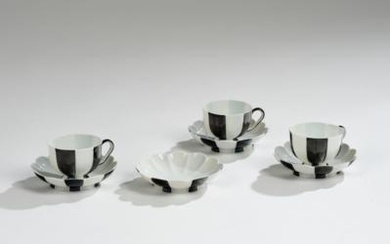 Josef Hoffmann, three melon-shaped cups and four saucers, designed in 1929, form number 15, executed by Vienna Porcelain Manufactory Augarten