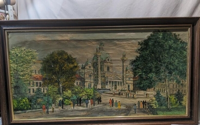Joseph Rettier Large Cityscape Oil Painting in Frame