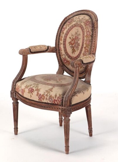 LATE 19TH C. FRENCH OPEN ARM CHAIR NEEDLEPOINT