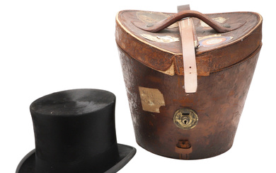 LEATHER CASED TOP HAT.