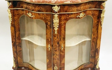 LOUIS XV STYLE MARQUETRY INLAID MARBLE TOP VITRINE