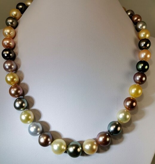 #LOW RESERVE PRICE# South sea pearls, Tahitian pearls, Multicolor south sea pearls, Freshwater pearls, 10x13mm - With beautiful Edison pearls, Steel - Necklace